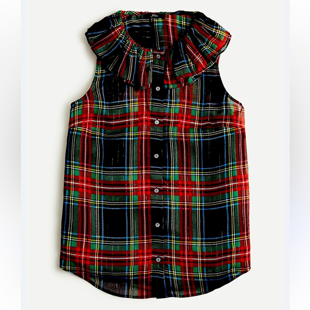 JCREW Plaid Holiday Top Sleeveless Ruffle Collar Black Stewart Tartan Cami Lined - Picture 1 of 8